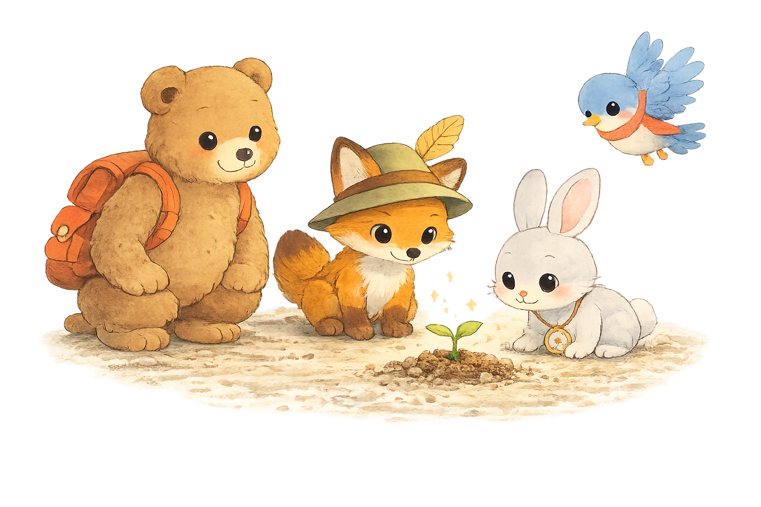 Four Little Trail Friends gathered around a sprout